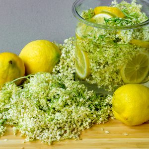 Gefäß mit Holunderblütensirup, umgeben von Zitronen und Holunderblütendolden