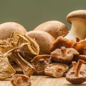 Gemischte Pilze für eine Pilzbrühe; Getrocknete Steinpilze, frische Champignons, Kräuterseitlinge und Shiitake.