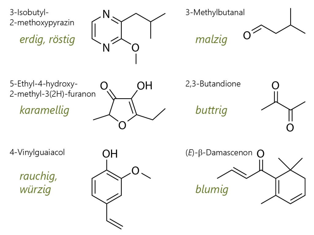 Strukturformeln von 3-Isobutyl-2methoxypyrazin, 5-Ethyl-4-hydroxy-2-methyl-3(2H)-furanon, 4-Vinylguaiacol, 3-Methylbutanal, 2,3-Butandion und beta-Damascenon, einigen Schlüsselkomponenten von Kaffee-Aroma