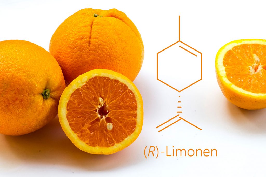 Orangen mit der Strukturformel von (R)-Limonen