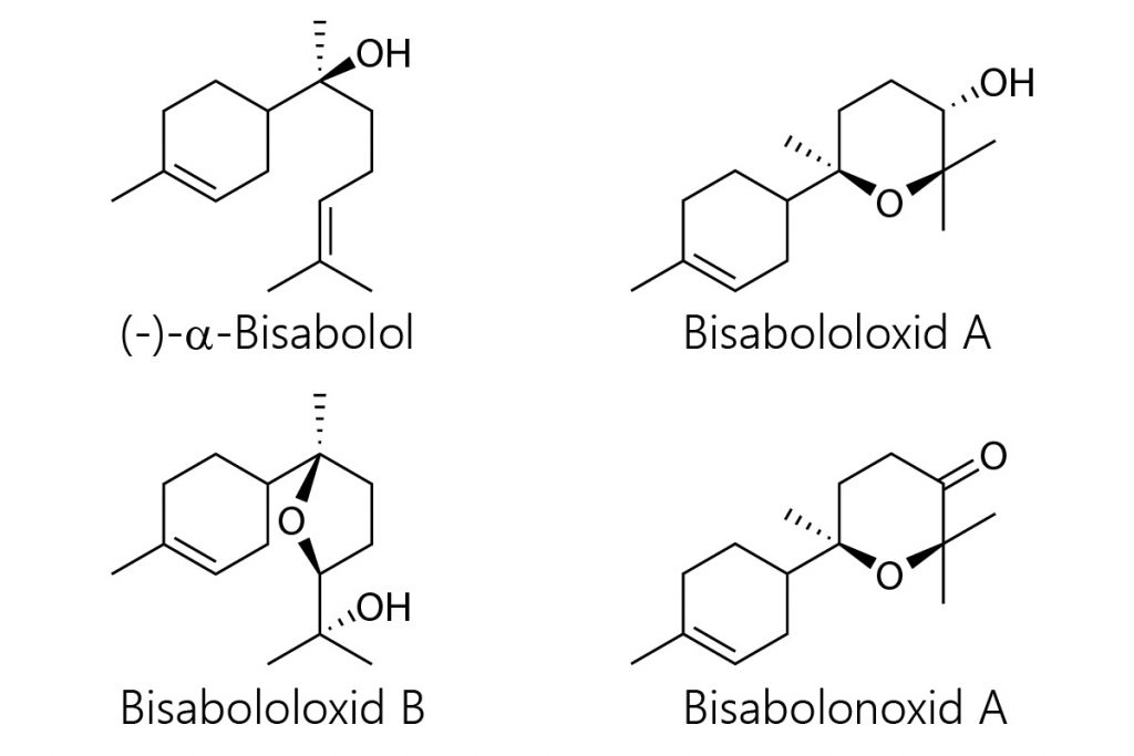 Strukturformeln von Bisabolol, Bisabololoxid A & B und Bisabolonoxid A