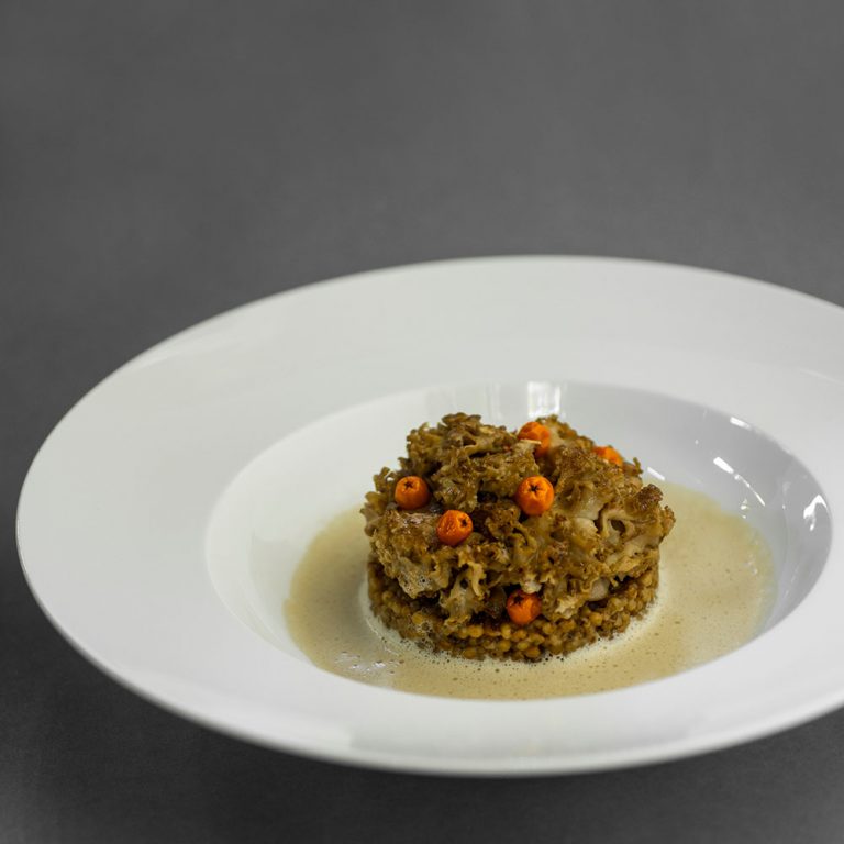 Pilz-Orzotto mit gebratener Krause Glucke und eingelegten Vogelbeeren