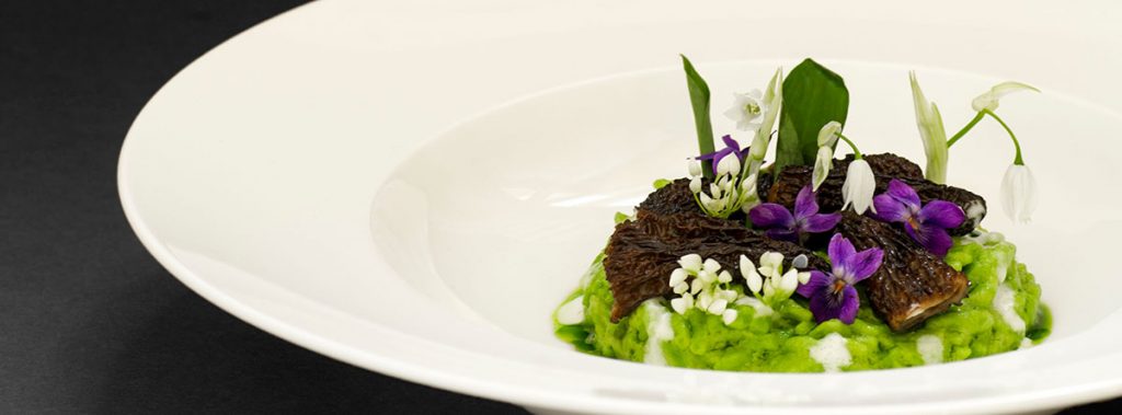 Teller mit Bärlauchspätzle, Bergkäse, Morcheln und Bärlauchöl. Garniert mit Bärlauchblättern und Veilchen, Bär- und Wunderlauchblüten.