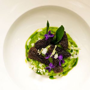 Teller mit Bärlauchspätzle, Bergkäse, Morcheln und Bärlauchöl. Garniert mit Bärlauchblättern und Veilchen, Bär- und Wunderlauchblüten.
