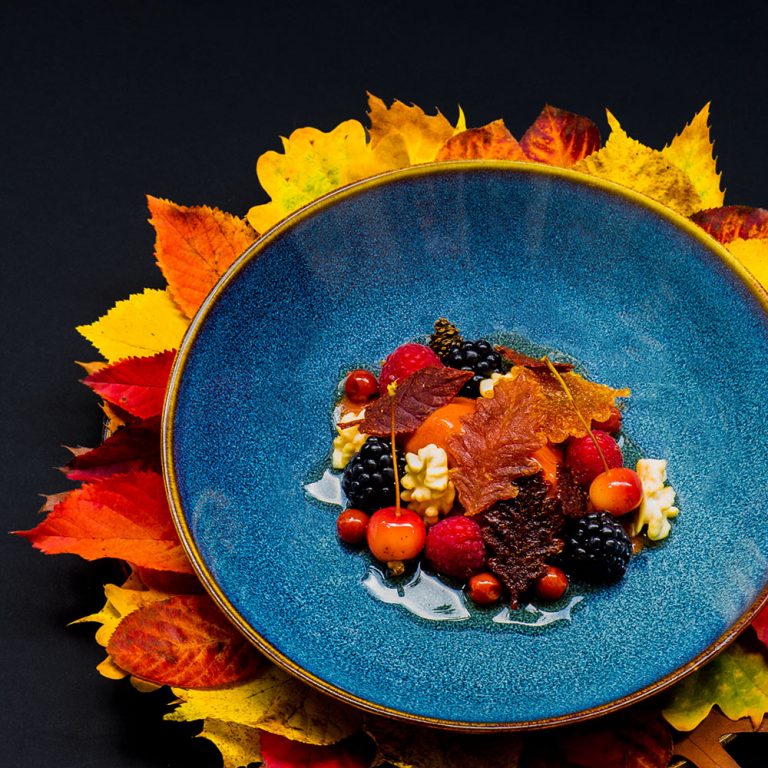 Teller mit Hagebutten-Sorbet, Brombeeren, Himbeeren, Walnüssen, eingelegten Vogelbeeren, Holzäpfel, und Kiefernzapfen, sowie Herbstblättern aus Fruchtpüree.