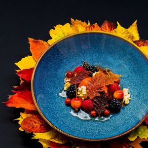 Teller mit Hagebutten-Sorbet, Brombeeren, Himbeeren, Walnüssen, eingelegten Vogelbeeren, Holzäpfel, und Kiefernzapfen, sowie Herbstblättern aus Fruchtpüree.